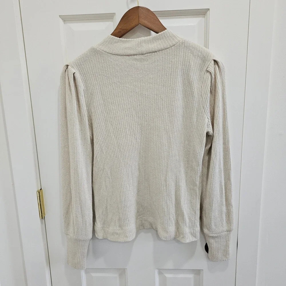 LOFT Womens Small Cream Gold Metallic Ribbed Mock Neck Puff Sleeve Knit Top